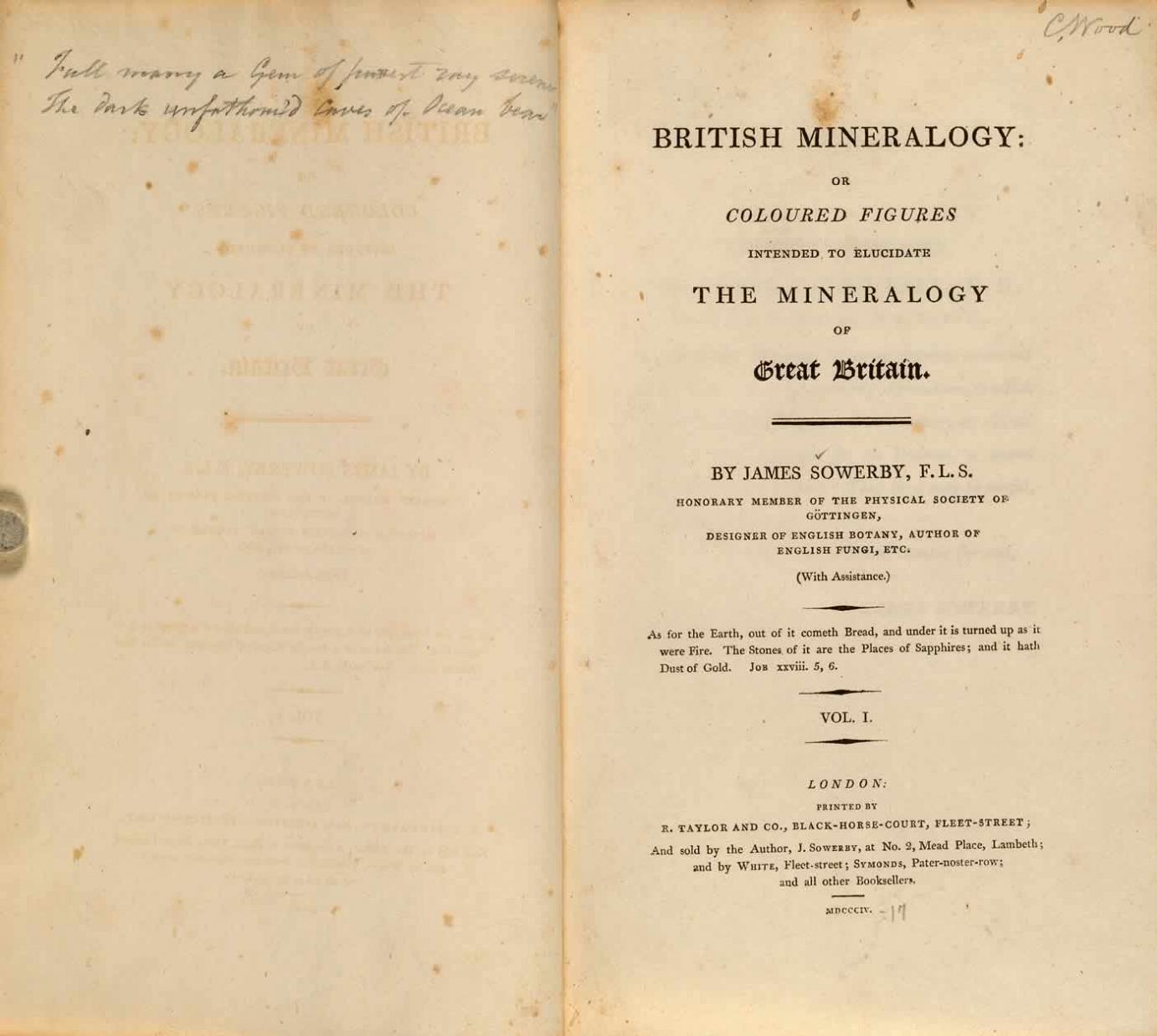 Title page photo from JAMES SOWERBY (1757 - 1822). <em>British Mineralogy: or Coloured Figures intended to elucidate the Mineralogy of Great Britain</em>. London: Printed by R. Taylor (volume 5 by Arding & Merrett) and sold by the Author, J. Sowerby, and by White, (1802-) 1804-1817.